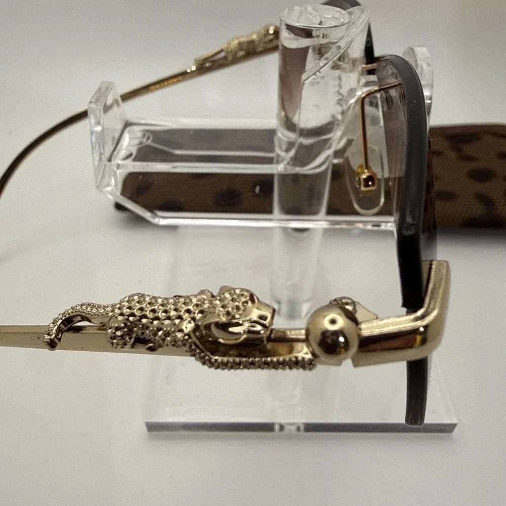 Rimless square sunglasses w/gold frame leopard/jaguar figurine & travel case HOT